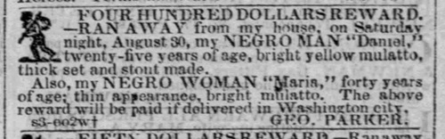1856 Advertisement placed by George Parker for Daniel and Maria, as noted in William Still's book.